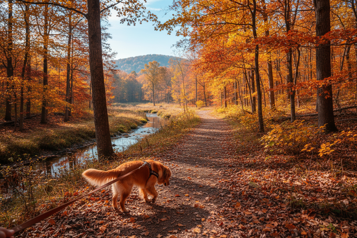 Ein Hund der mit einer Leine draußen im Wald Herbst spazieren geht